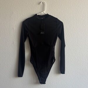 NWT Nasty Gal Black Long Sleeve Sheer Mesh Panel Bodysuit